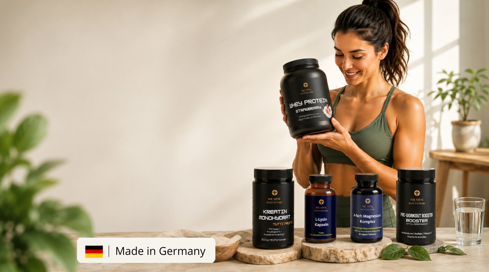 Sportliche Frau mit Whey Protein Strawberry, Kreatin, L-Lysin, Magnesium und Pre-Workout Supplements von The Vital Manufacture