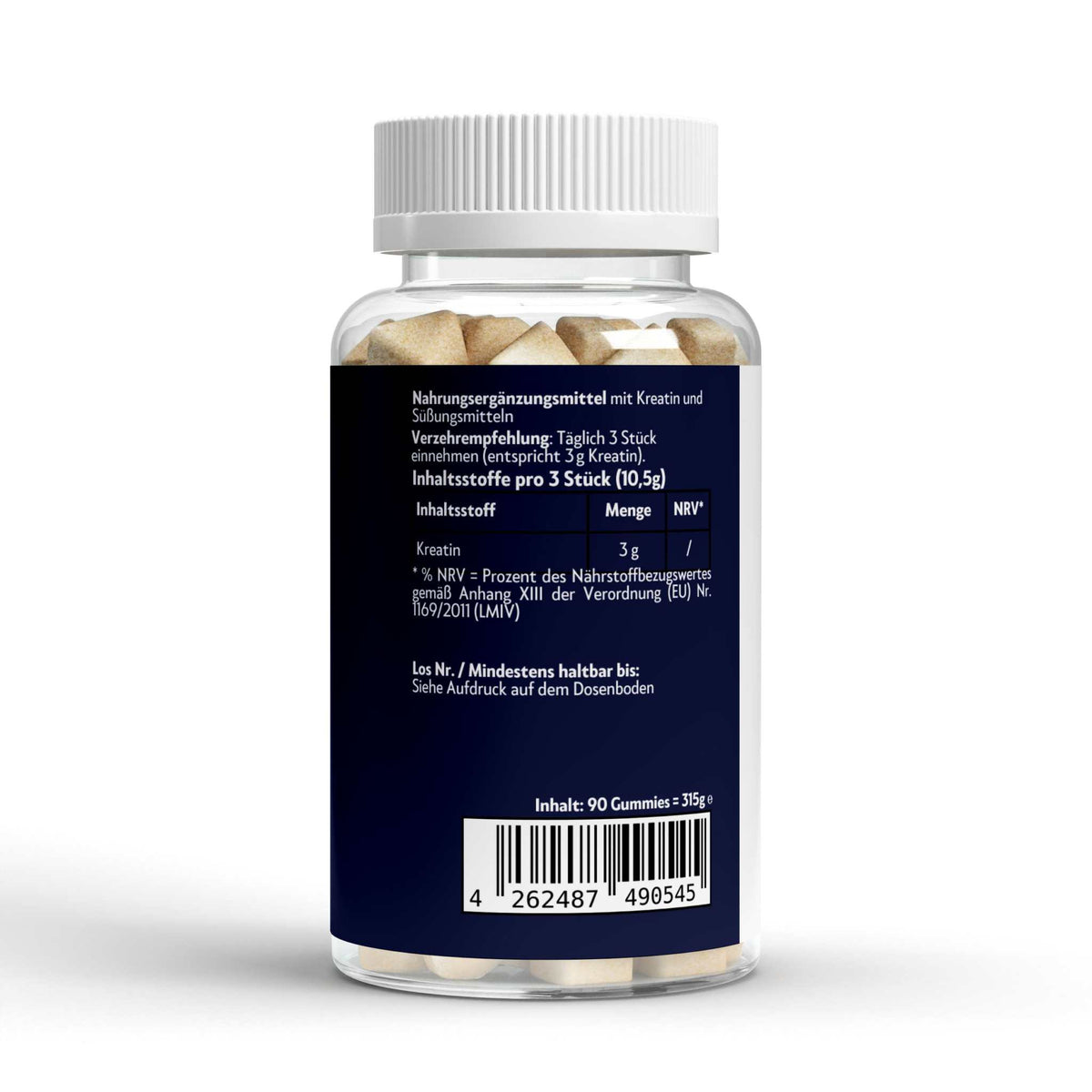 Kreatin Gummies in transparenter Plastikflasche mit weißen Deckel und blauem Etikett, Apfelgeschmack, vegan, gelatinefrei