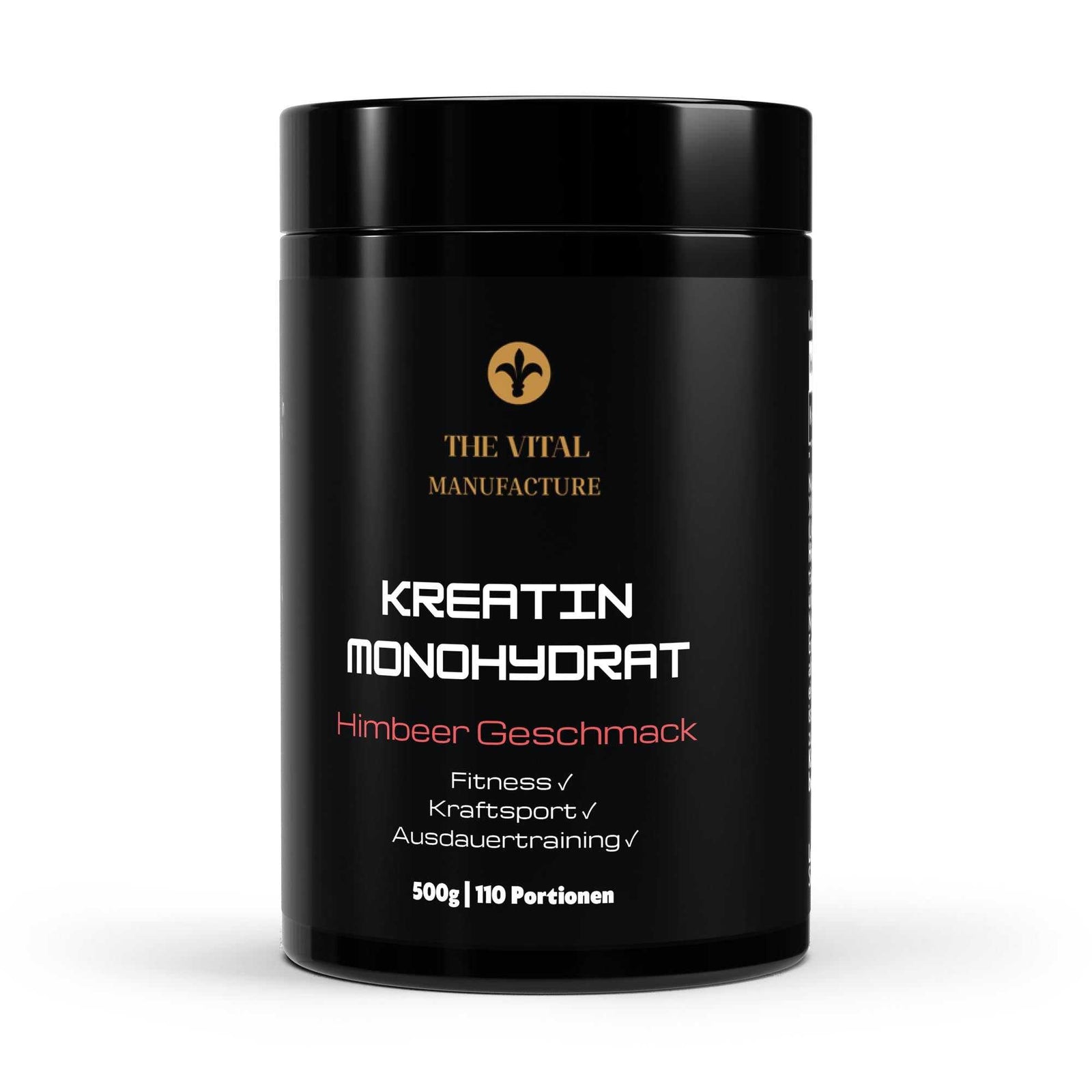Kreatin Monohydrat Pulver mit Himbeergeschmack in schwarzer Dose mit weißer und roter Schrift für Fitness und Kraftsport