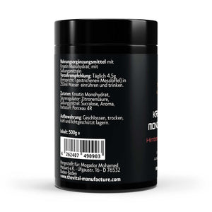 Kreatin Monohydrat Pulverbehälter in schwarz mit weißer und roter Schrift, Himbeergeschmack, 500g Inhalt