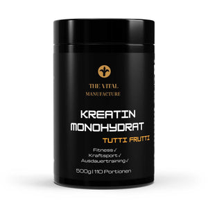 Schwarzer Kreatin Monohydrat Behälter mit Tutti Frutti Geschmack, 500g Inhalt, 110 Portionen, Fitnessnutzen