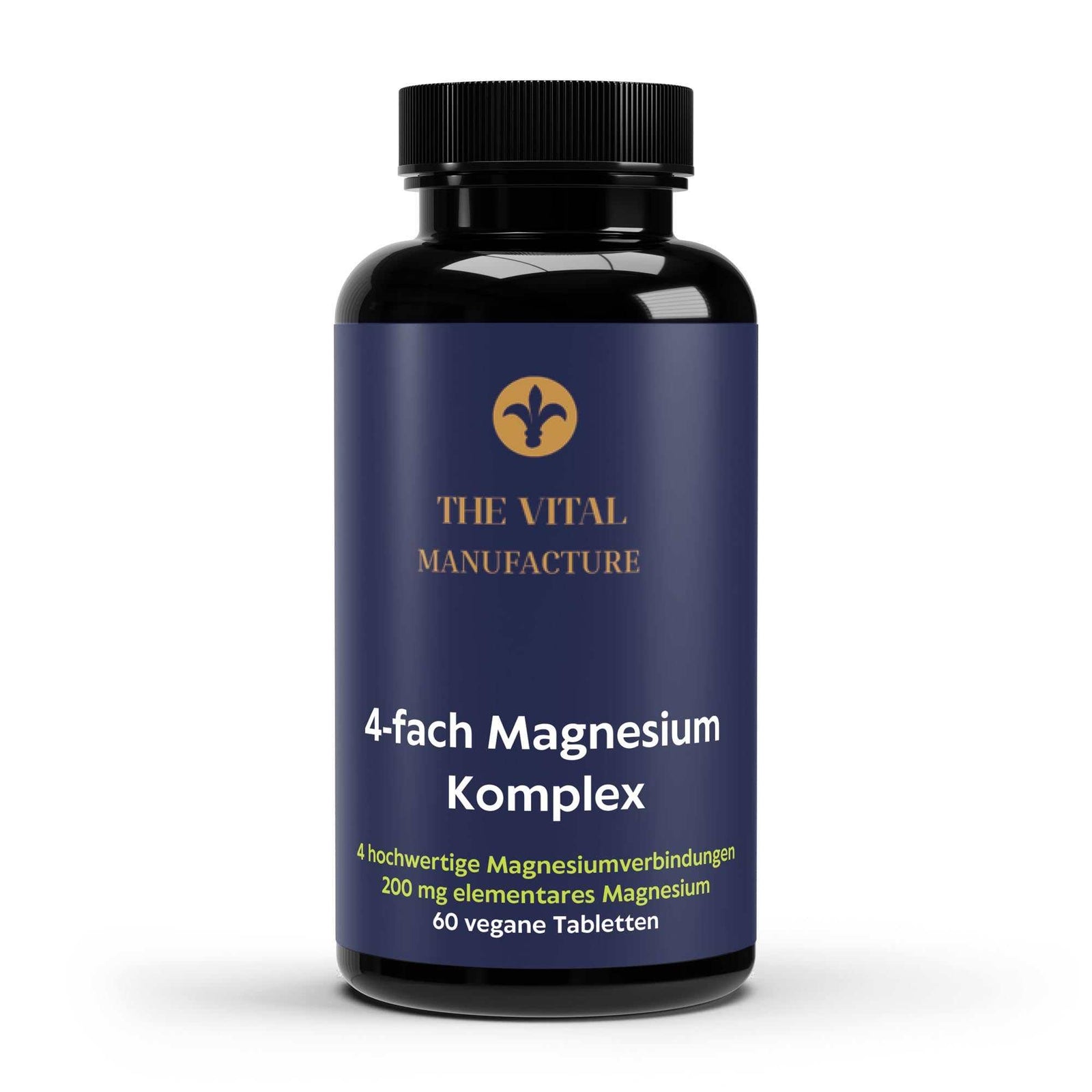 Magnesium 4fach Komplex vegane Tabletten in schwarzer Flasche mit blauem Etikett und goldfarbenem Logo