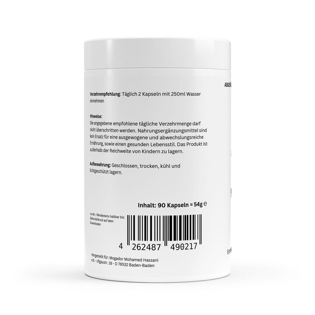 Dosierungshinweis für Magnesium Kapseln (2 pro Tag) auf weißem Etikett.