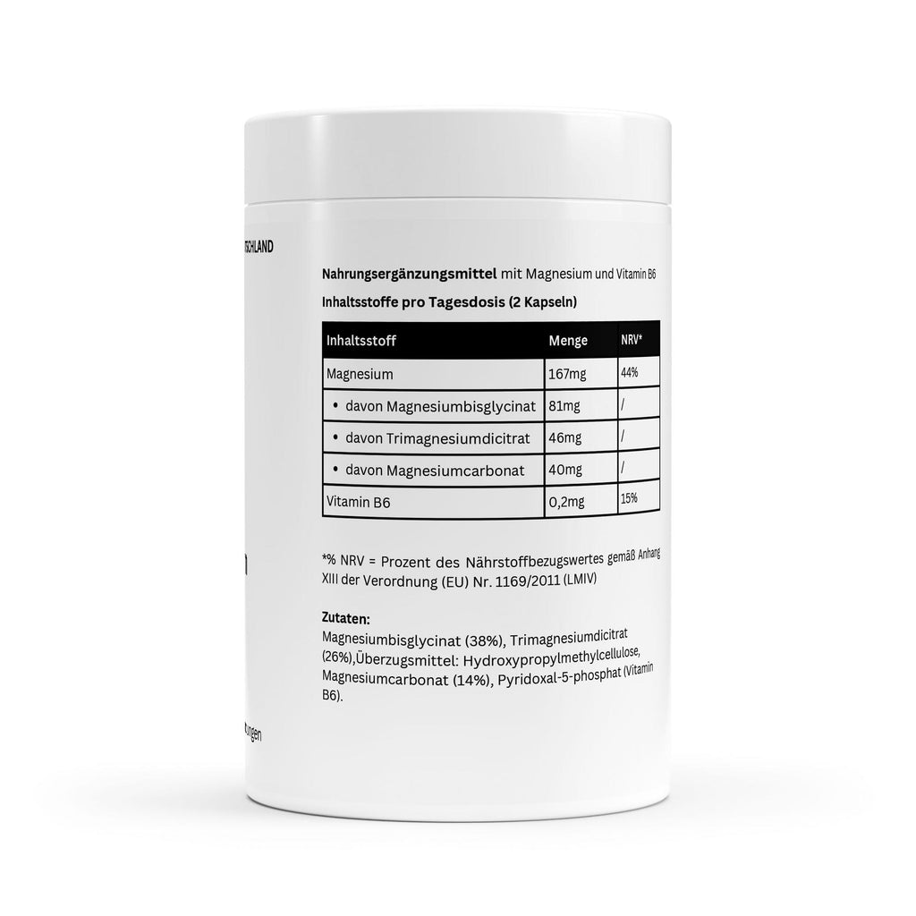 Nährwerttabelle Magnesium 2:1:1 Komplex mit Bisglycinat, Citrat und Vitamin B6.