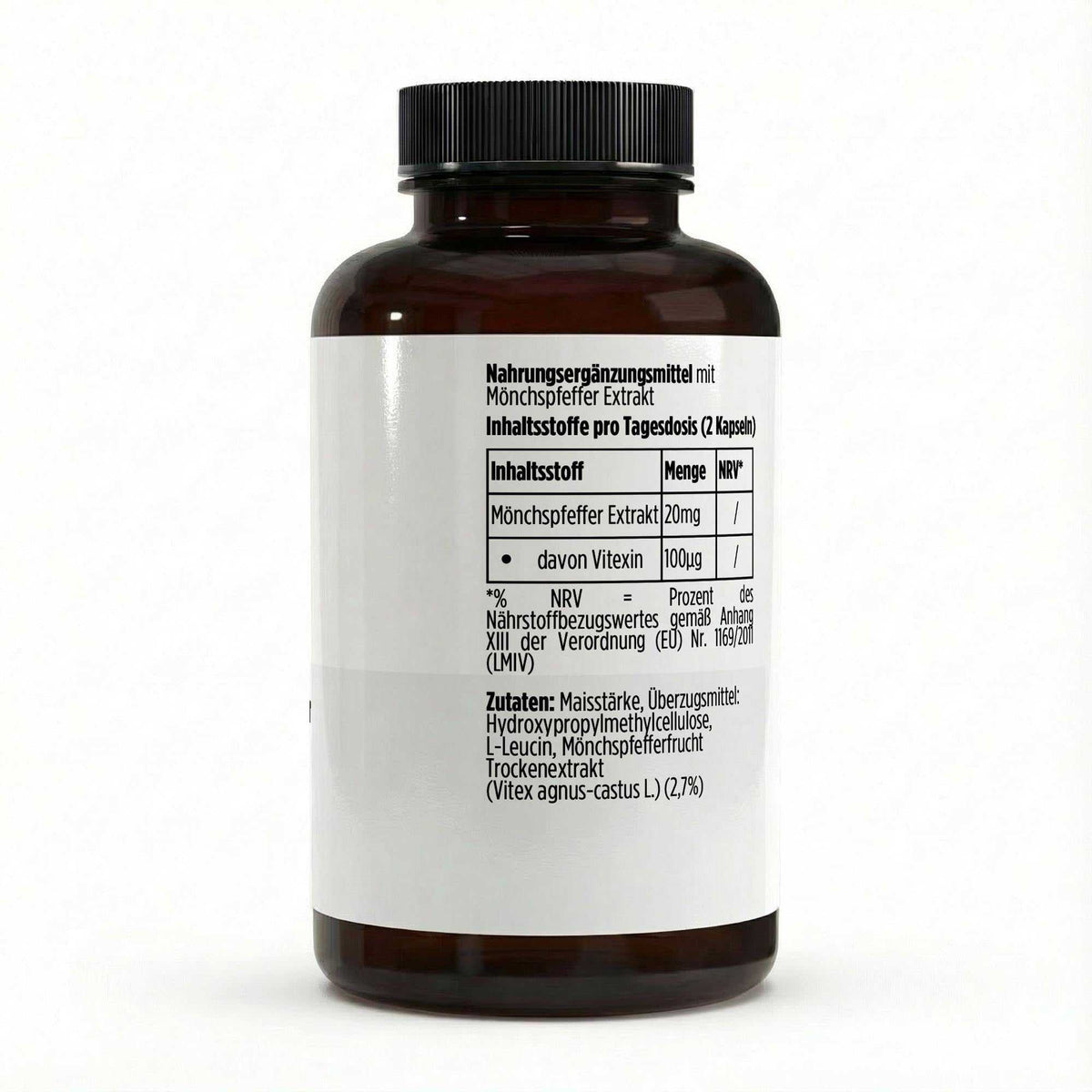 Mönchspfeffer - 240 vegane Kapseln Braunglasflasche mit schwarzem Deckel und weißem Etikett mit Produktinformationen