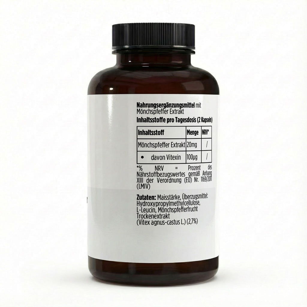 Zusammensetzung der Dose mit 240 veganen Mönchspfeffer Kapseln von THE VITAL MANUFACTURE für die natürliche Begleitung des weiblichen Zyklus.