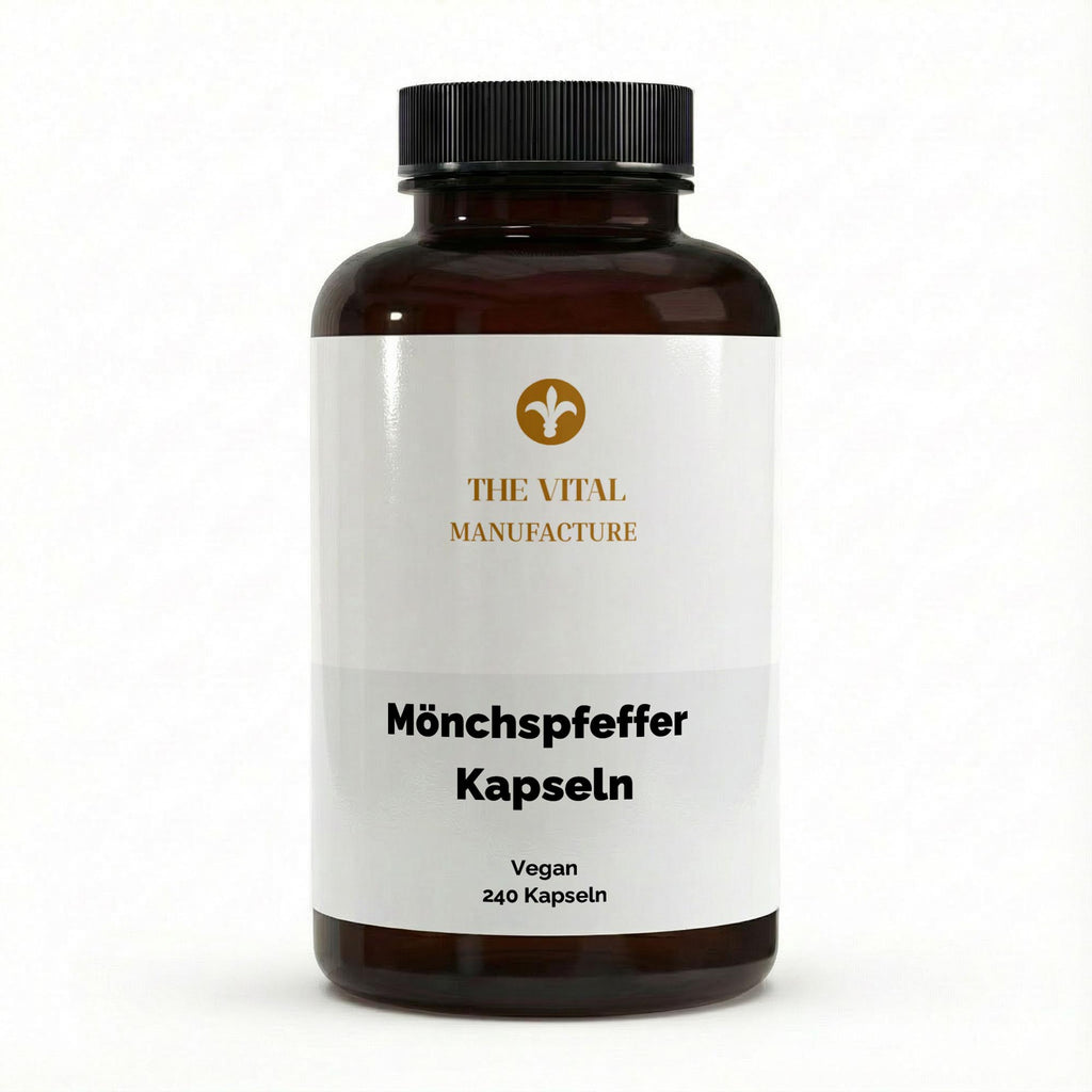 Dose mit 240 veganen Mönchspfeffer Kapseln von THE VITAL MANUFACTURE für die natürliche Begleitung des weiblichen Zyklus.