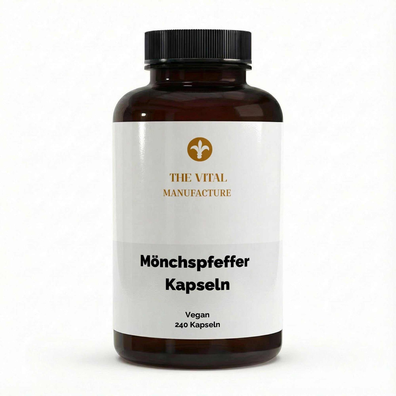 Dose mit 240 veganen Mönchspfeffer Kapseln von THE VITAL MANUFACTURE für die natürliche Begleitung des weiblichen Zyklus.