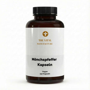 Dose mit 240 veganen Mönchspfeffer Kapseln von THE VITAL MANUFACTURE für die natürliche Begleitung des weiblichen Zyklus.