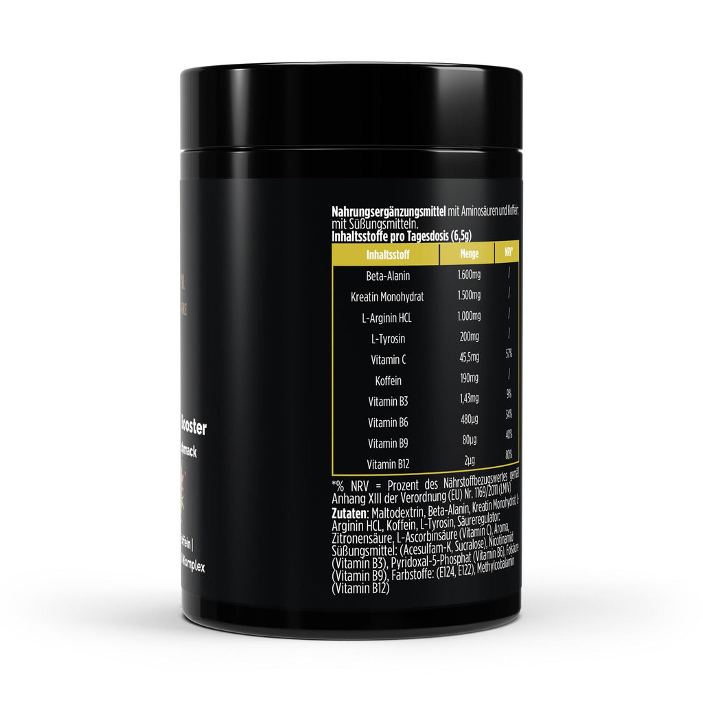 Nährwerttabelle des Boosters mit Beta-Alanin, Kreatin, L-Arginin und Vitamin-B-Komplex.