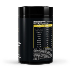 Nährwerttabelle des Boosters mit Beta-Alanin, Kreatin, L-Arginin und Vitamin-B-Komplex.