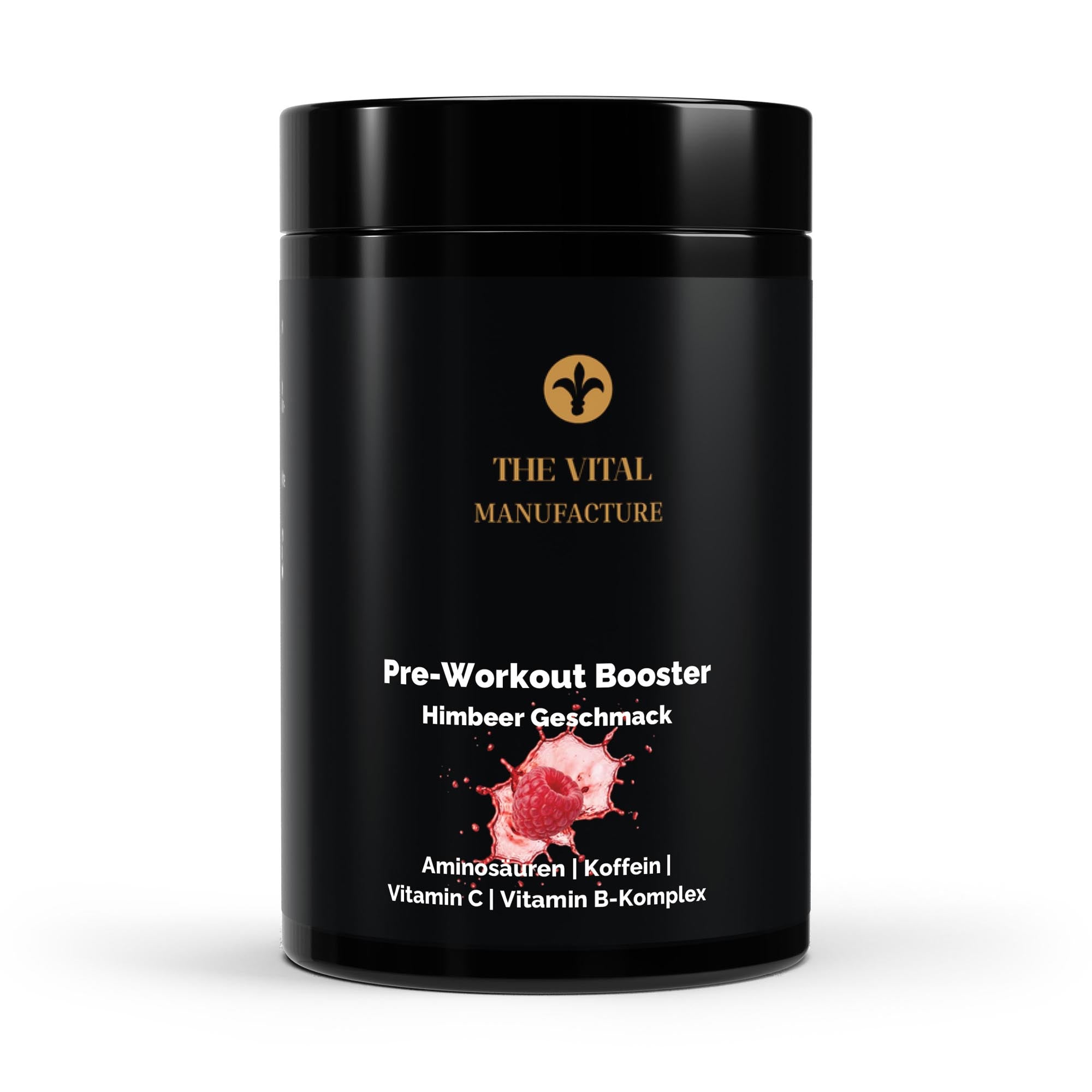 Pre-Workout Booster Pulver mit Himbeer-Geschmack von The Vital Manufacture, 520g Dose mit Koffein, Kreatin und Aminosäuren.