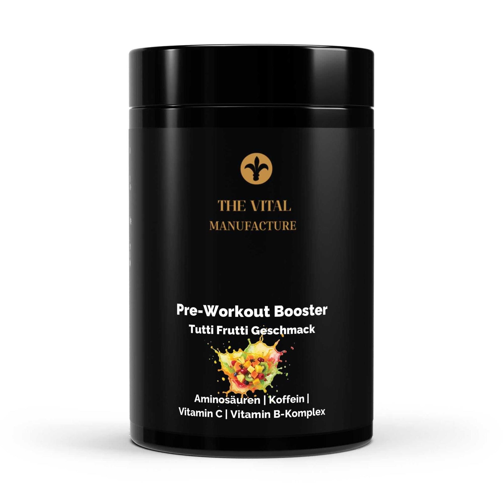 Pre-Workout Booster in schwarzer Dose mit Tutti Frutti Geschmack, Aminosäuren, Koffein und Vitaminen