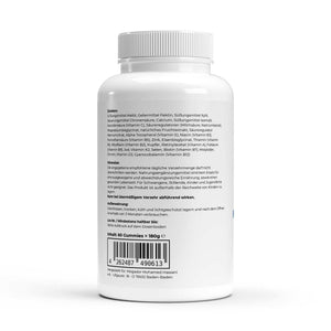 Premium multivitaminebus van wit kunststof met een wit schroefdeksel en voedingswaarde-informatie op de achterkant