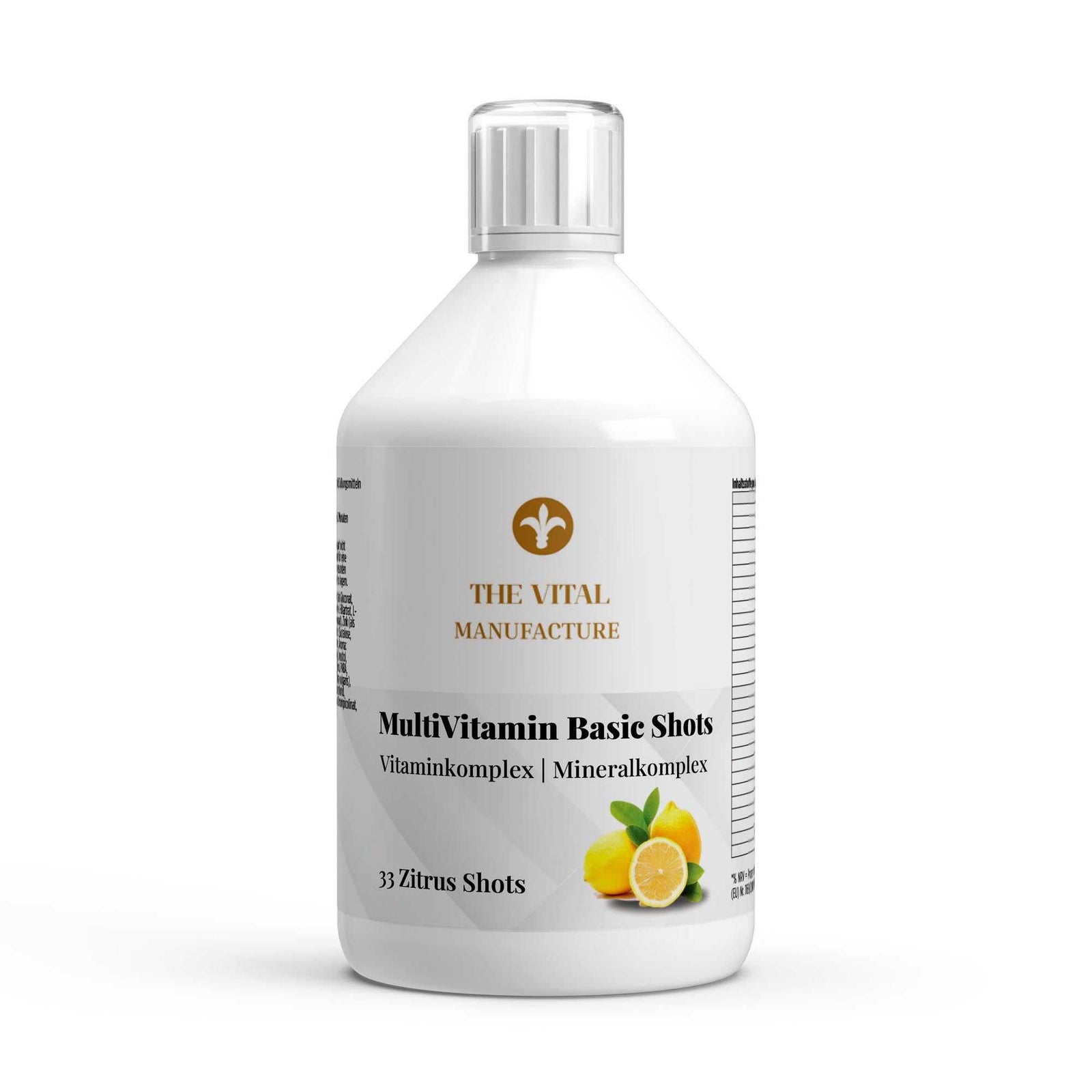 Frische Zitrusfrüchte und grüne Superfoods wie Spirulina symbolisieren die natürliche Vitalstoff-Vielfalt der MultiVitamin Basic Shots von The Vital Manufacture – Fokus auf Ganzheitlichkeit und Mikronährstoff-Balance.