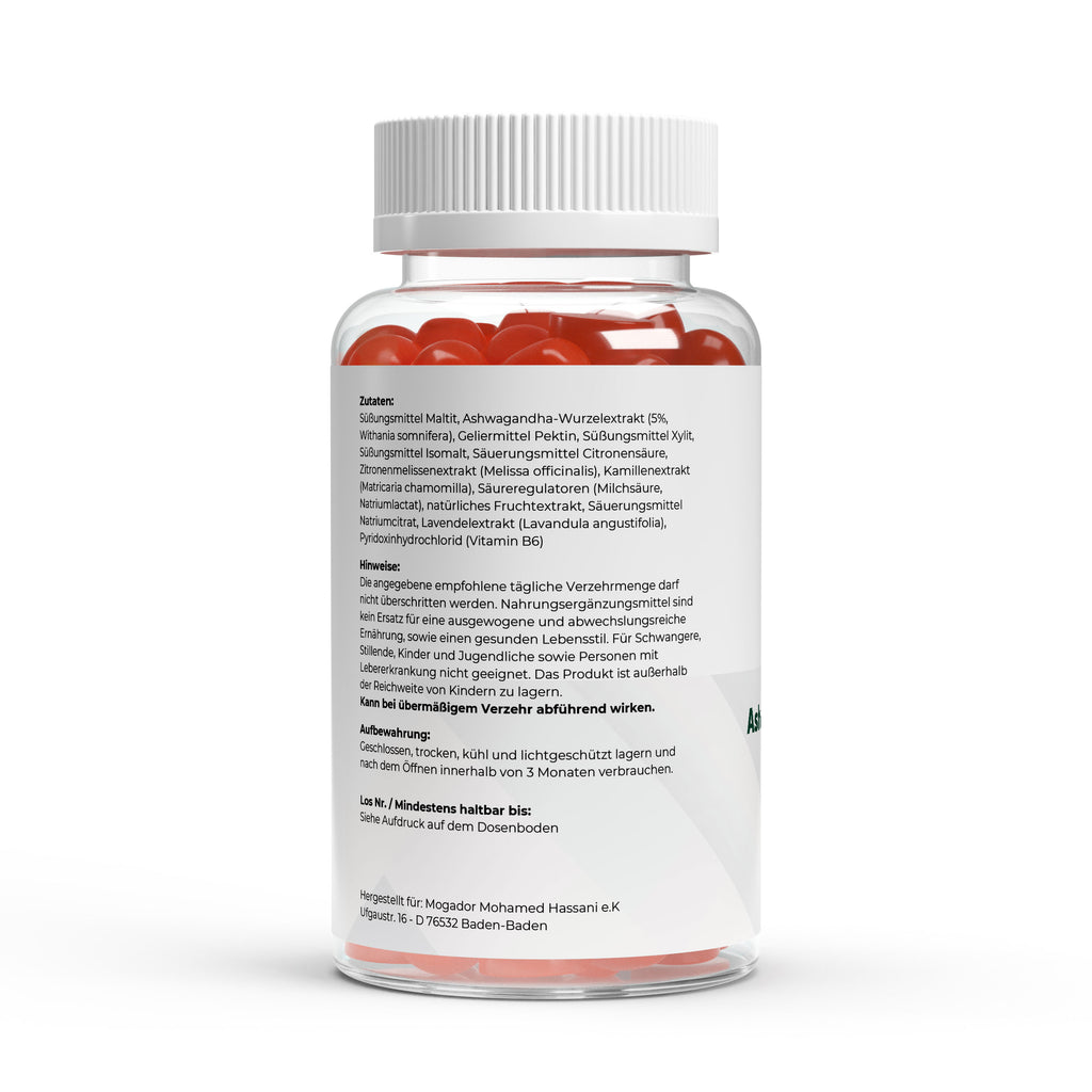 Dose der Premium Ashwagandha Gummies von THE VITAL MANUFACTURE, 60 Fruchtgummis mit 300 mg Ashwagandha-Wurzelextrakt und Vitamin B6 pro Stück.