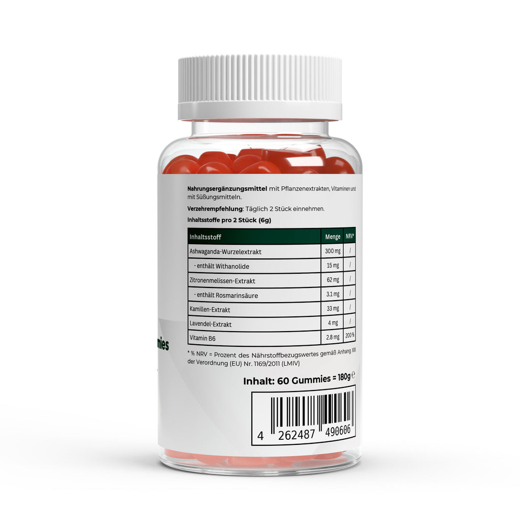 Dose der Premium Ashwagandha Gummies von THE VITAL MANUFACTURE, 60 Fruchtgummis mit 300 mg Ashwagandha-Wurzelextrakt und Vitamin B6 pro Stück.
