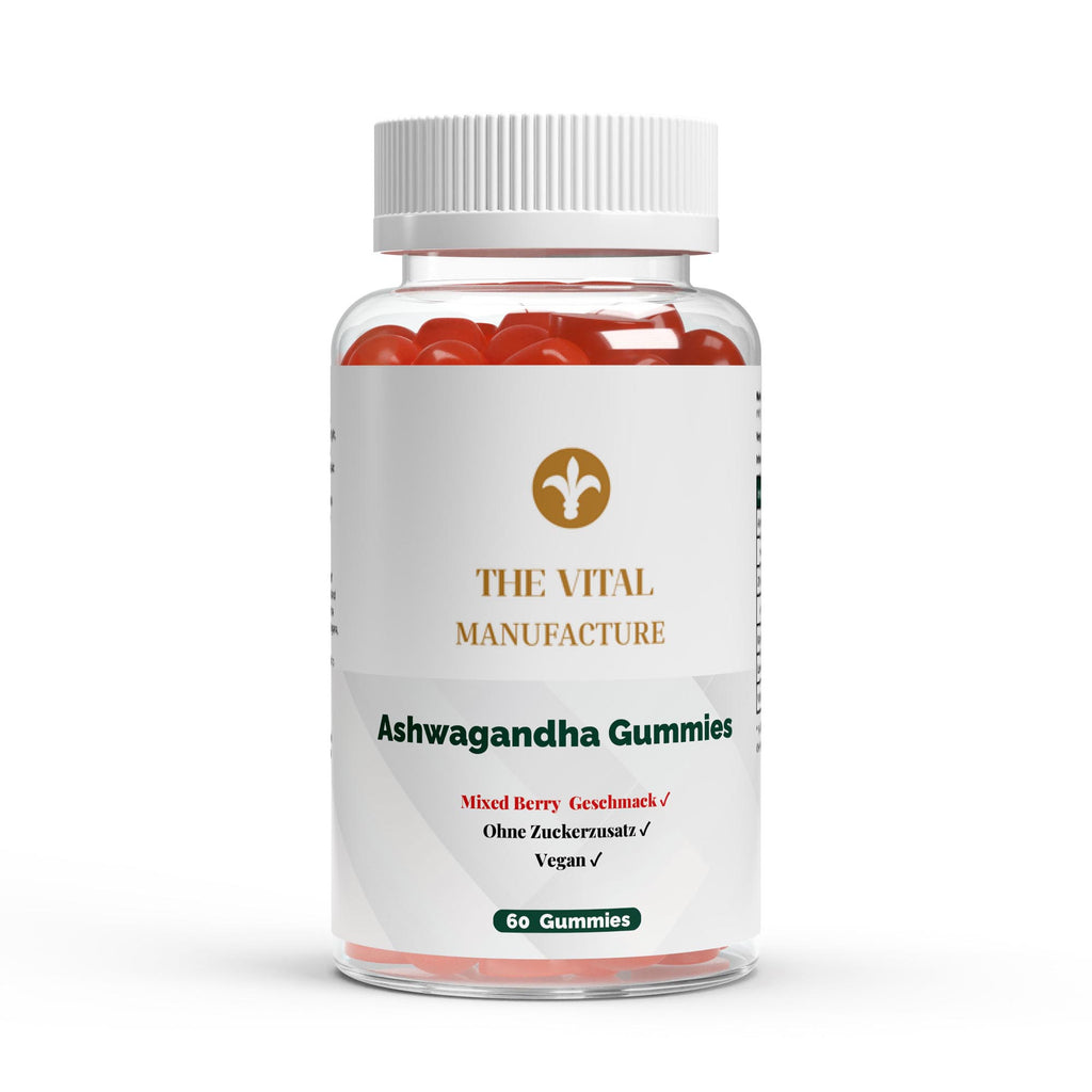 Dose der Premium Ashwagandha Gummies von THE VITAL MANUFACTURE, 60 Fruchtgummis mit 300 mg Ashwagandha-Wurzelextrakt und Vitamin B6 pro Stück.