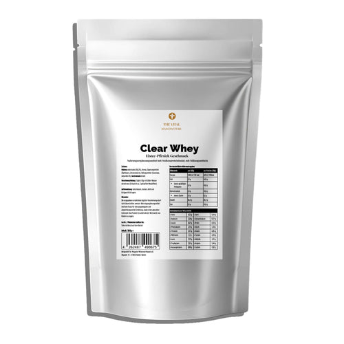 Vorderansicht des THE VITAL MANUFACTURE Clear Whey Isolat Beutels in der Geschmacksrichtung Eistee-Pfirsich, 500g Packung mit detaillierter Nährwerttabelle.