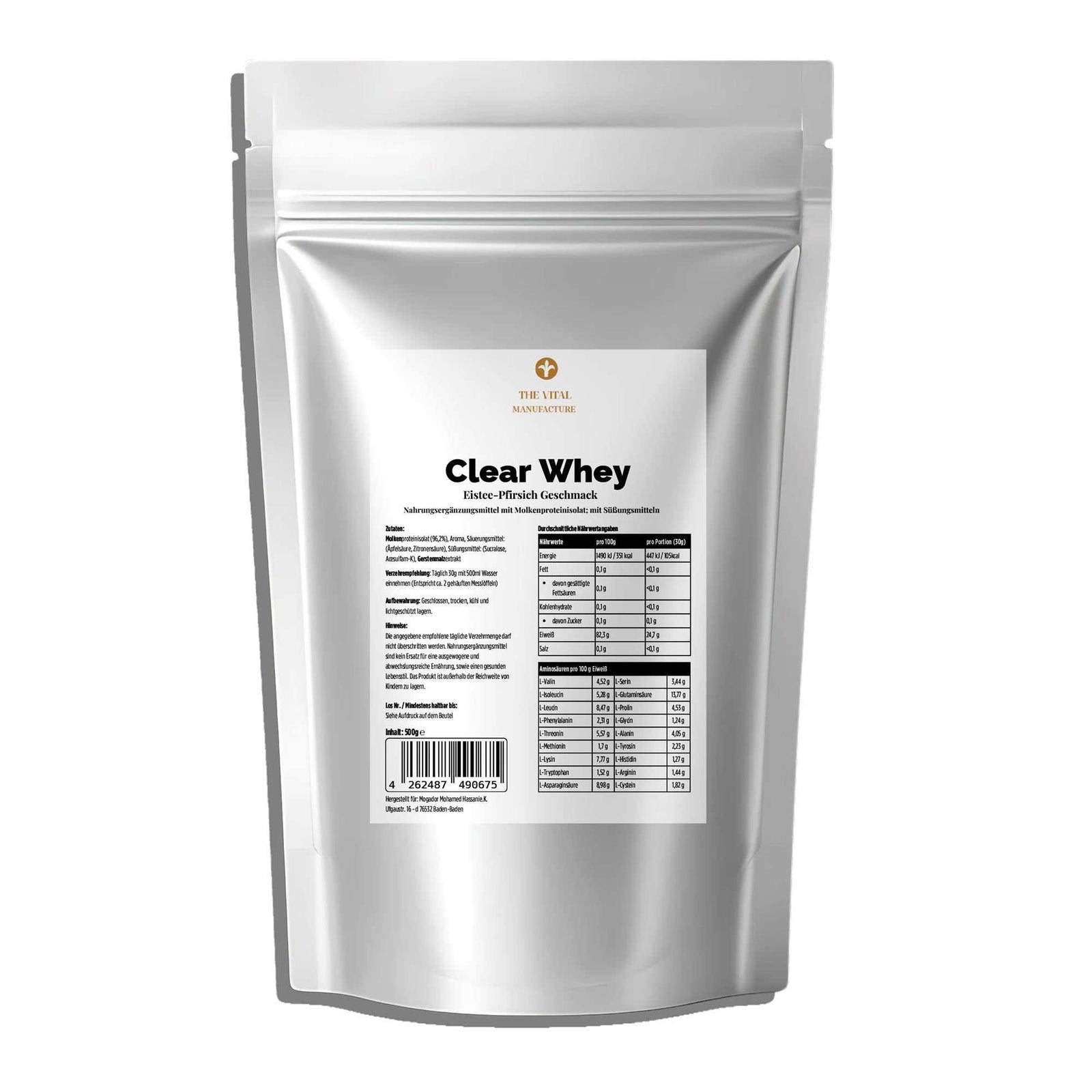Vorderansicht des THE VITAL MANUFACTURE Clear Whey Isolat Beutels in der Geschmacksrichtung Eistee-Pfirsich, 500g Packung mit detaillierter Nährwerttabelle.