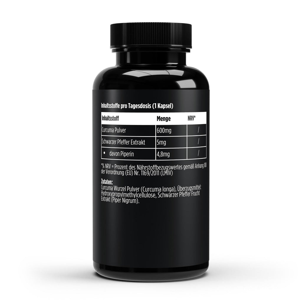 Schwarze Dose Curcuma mit Piperin von THE VITAL MANUFACTURE, 60 vegane Kapseln ohne Zusatzstoffe, 600 mg Curcuma Pulver pro Tagesdosis.