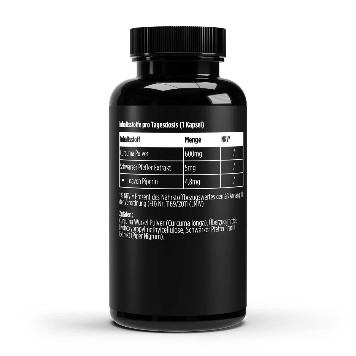 Schwarze Dose Curcuma mit Piperin von THE VITAL MANUFACTURE, 60 vegane Kapseln ohne Zusatzstoffe, 600 mg Curcuma Pulver pro Tagesdosis.