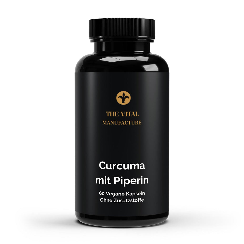 Schwarze Dose Curcuma mit Piperin von THE VITAL MANUFACTURE, 60 vegane Kapseln ohne Zusatzstoffe, 600 mg Curcuma Pulver pro Tagesdosis.