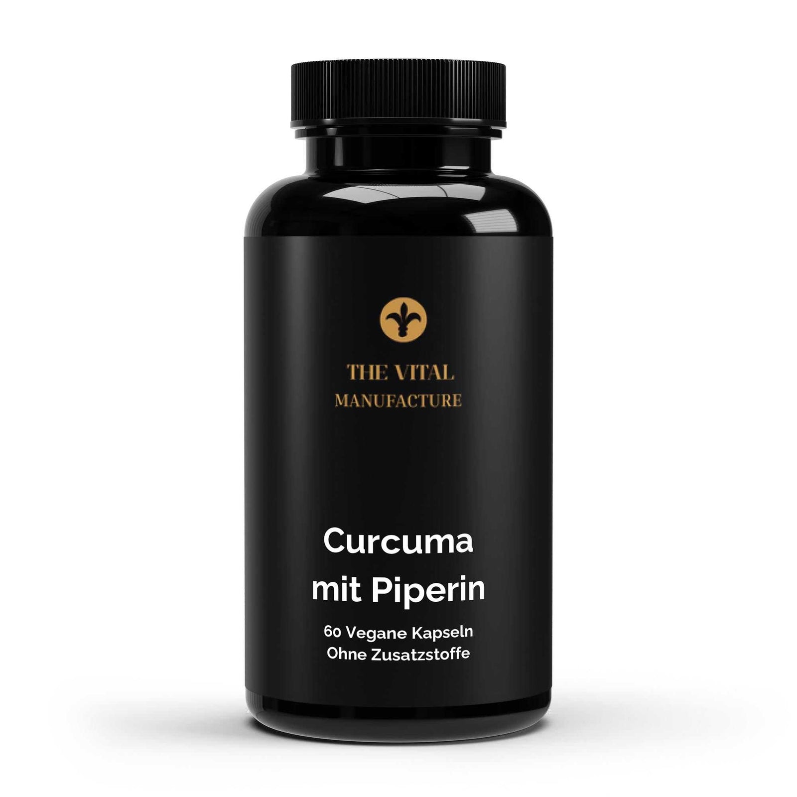 Schwarze Dose Curcuma mit Piperin von THE VITAL MANUFACTURE, 60 vegane Kapseln ohne Zusatzstoffe, 600 mg Curcuma Pulver pro Tagesdosis.