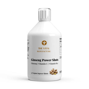 Hochwertige Ingwerwurzel und Panax Ginseng Knolle als natürliche Basis für die hochkonzentrierten Ginseng Power Shots von The Vital Manufacture – Fokus auf Frische und botanische Qualität.