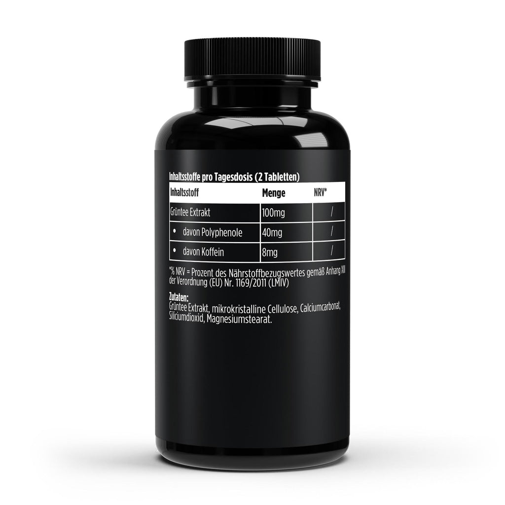 Dose der Grüntee Extrakt Tabletten von THE VITAL MANUFACTURE mit 60 Tabletten, Angabe von 100mg Extrakt und 40% Polyphenolgehalt auf dem Etikett
