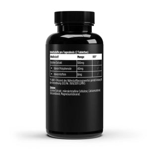 Dose der Grüntee Extrakt Tabletten von THE VITAL MANUFACTURE mit 60 Tabletten, Angabe von 100mg Extrakt und 40% Polyphenolgehalt auf dem Etikett
