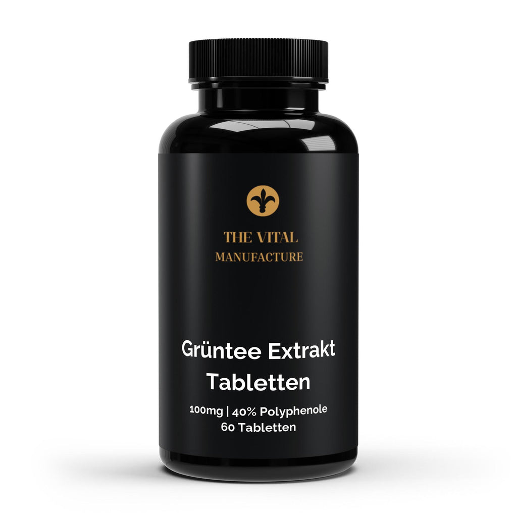 Dose der Grüntee Extrakt Tabletten von THE VITAL MANUFACTURE mit 60 Tabletten, Angabe von 100mg Extrakt und 40% Polyphenolgehalt auf dem Etikett