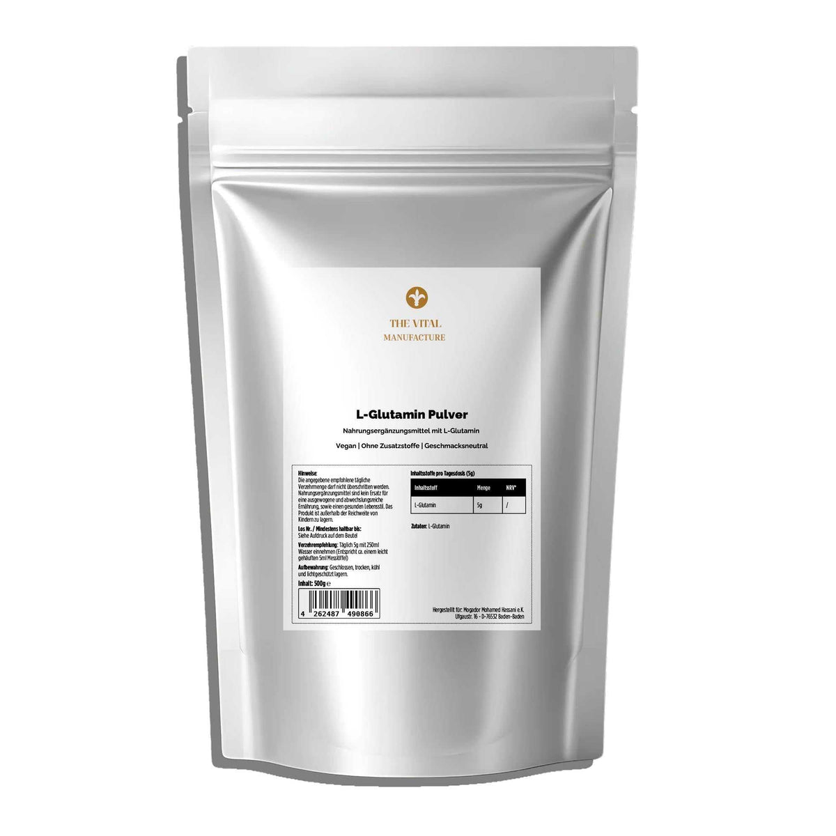 Silberner Standbeutel des L-Glutamin Pulvers von THE VITAL MANUFACTURE, 500g Inhalt, mit dem Hinweis auf vegane Qualität und Reinheit ohne Zusatzstoffe.