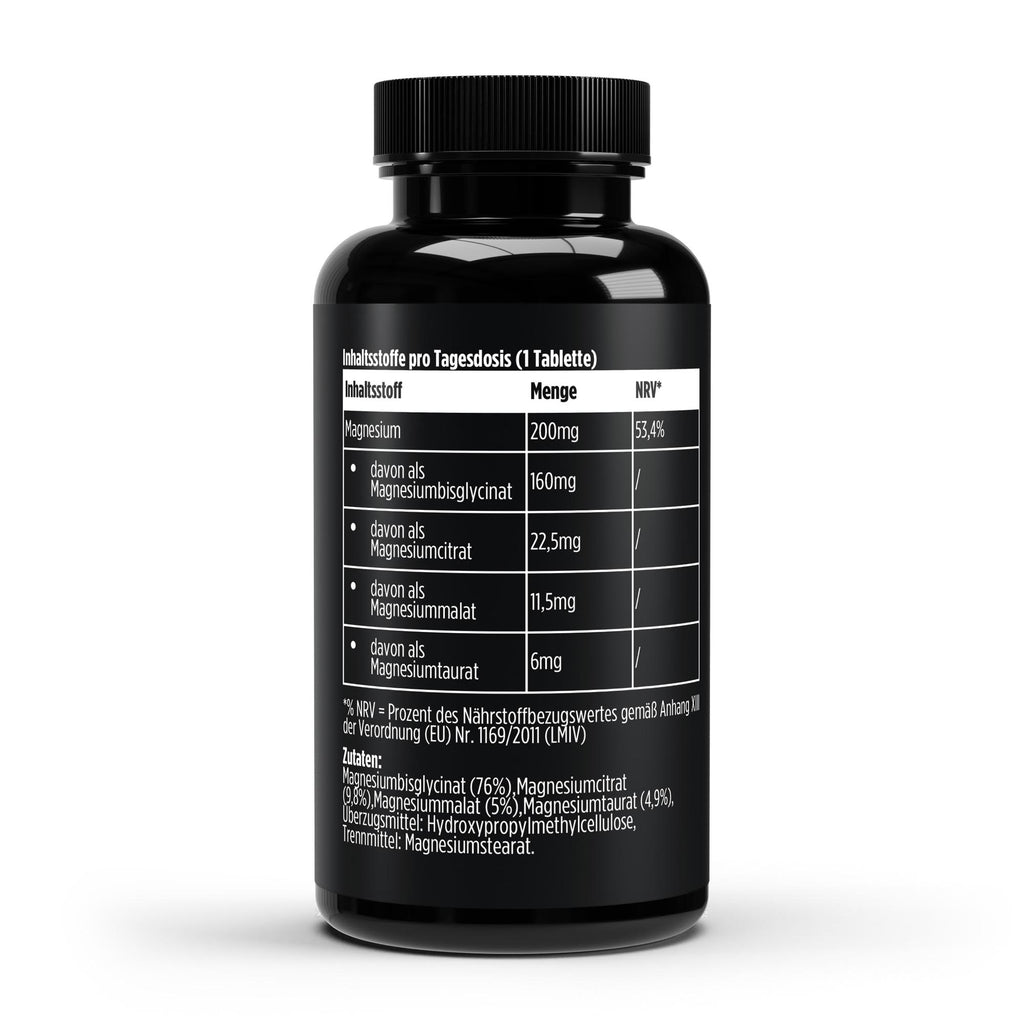 Dose des 4-fach Magnesium Komplex von THE VITAL MANUFACTURE mit 60 veganen Tabletten, 200 mg elementares Magnesium pro Tagesdosis.