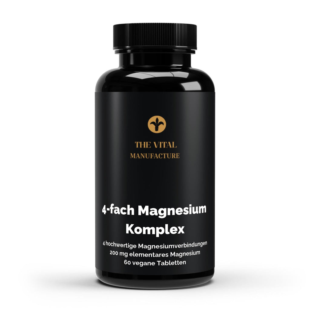 Dose des 4-fach Magnesium Komplex von THE VITAL MANUFACTURE mit 60 veganen Tabletten, 200 mg elementares Magnesium pro Tagesdosis.