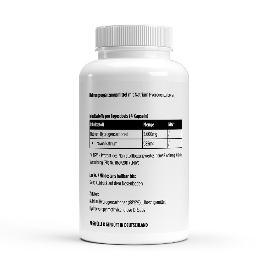 Inhaltsstoffe auf Dose mit 120 magensaftresistenten Natrium Hydrogencarbonat Kapseln von THE VITAL MANUFACTURE, reines Natron ohne Zusätze.