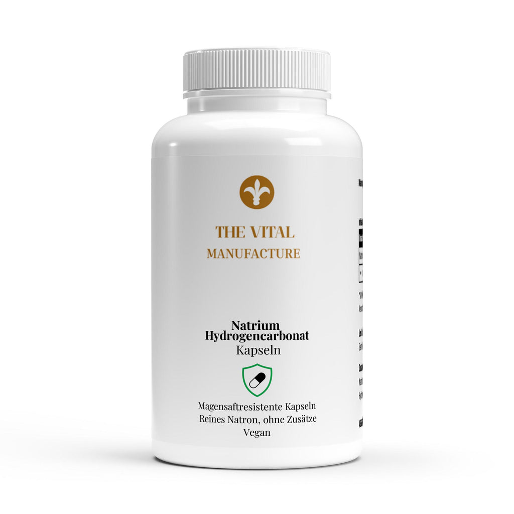 Dose mit 120 magensaftresistenten Natrium Hydrogencarbonat Kapseln von THE VITAL MANUFACTURE, reines Natron ohne Zusätze.
