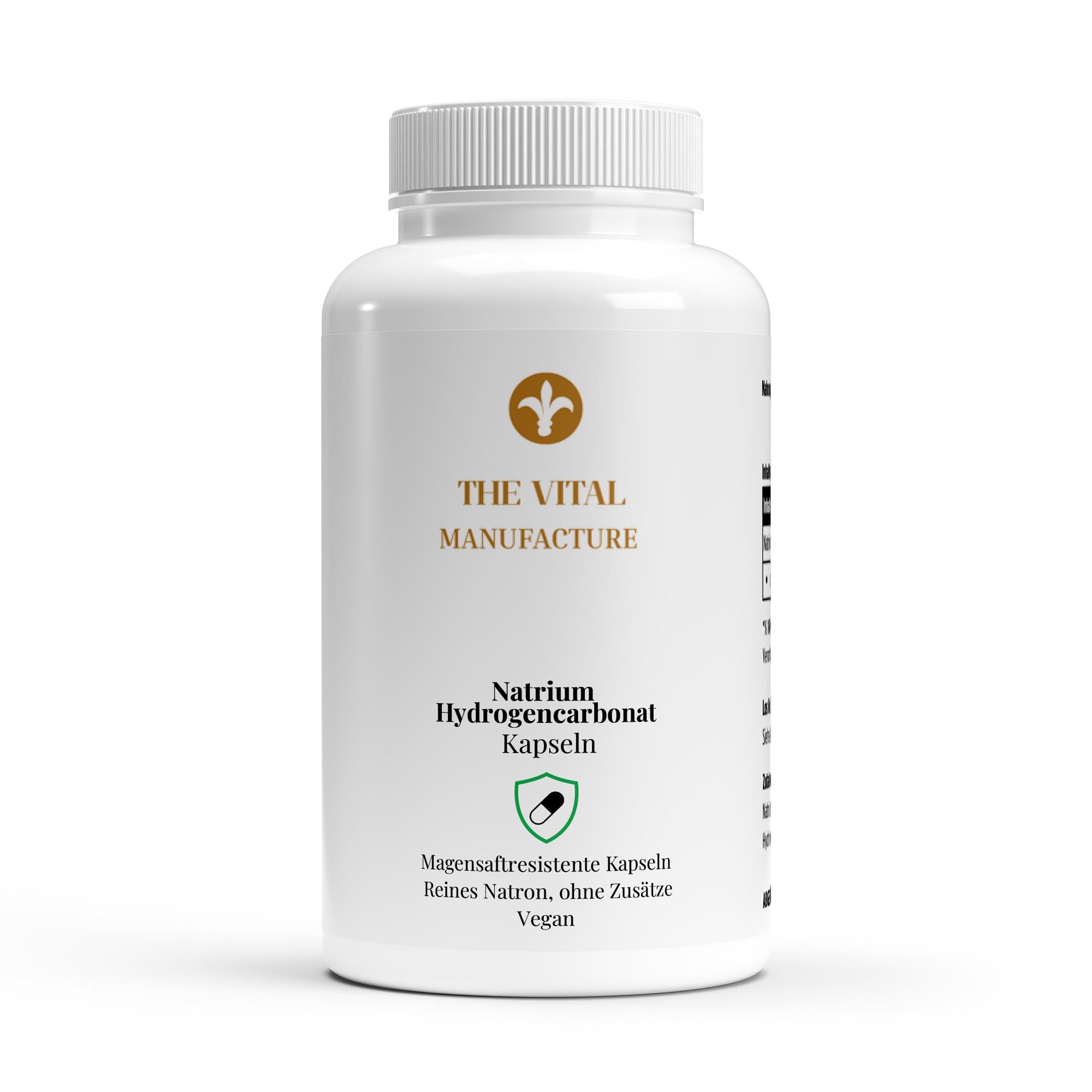 Dose mit 120 magensaftresistenten Natrium Hydrogencarbonat Kapseln von THE VITAL MANUFACTURE, reines Natron ohne Zusätze.