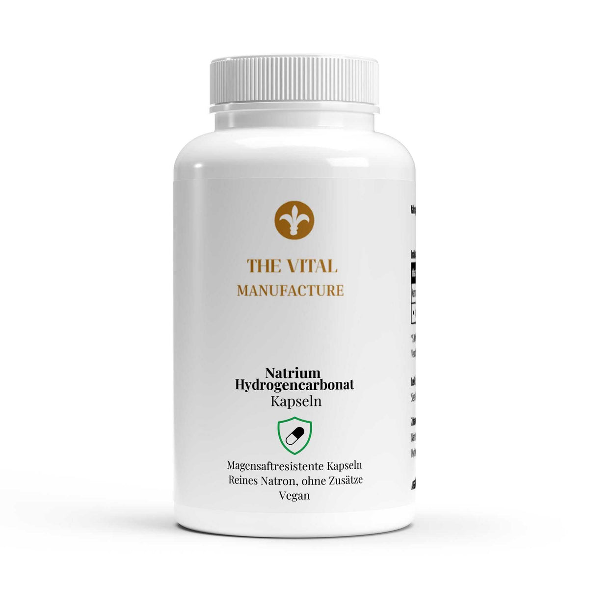 Dose mit 120 magensaftresistenten Natrium Hydrogencarbonat Kapseln von THE VITAL MANUFACTURE, reines Natron ohne Zusätze.