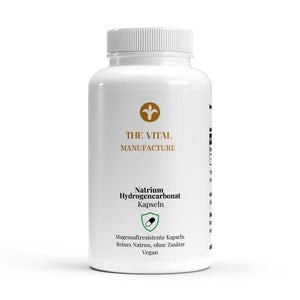 Dose mit 120 magensaftresistenten Natrium Hydrogencarbonat Kapseln von THE VITAL MANUFACTURE, reines Natron ohne Zusätze.