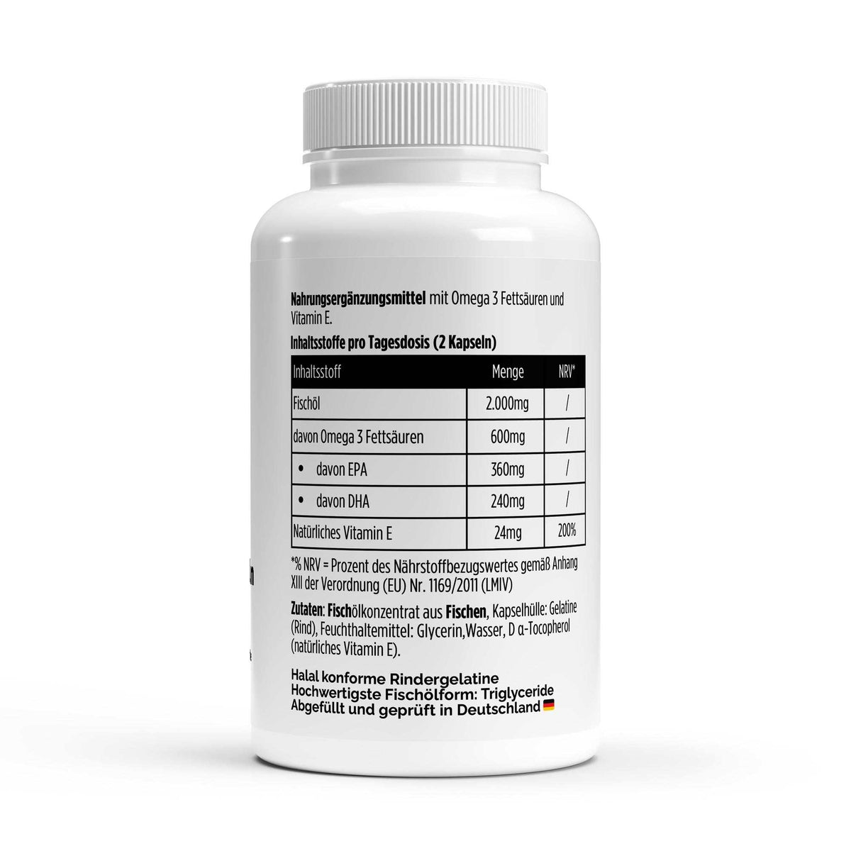 Dose mit 120 Omega 3 Kapseln von THE VITAL MANUFACTURE, enthält 2000mg Fischöl und natürliches Vitamin E pro Tagesdosis.