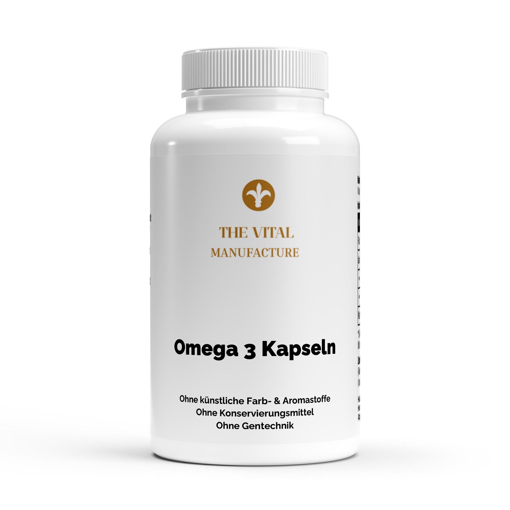 Dose mit 120 Omega 3 Kapseln von THE VITAL MANUFACTURE, enthält 2000mg Fischöl und natürliches Vitamin E pro Tagesdosis.