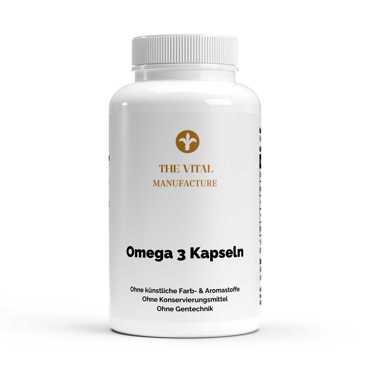 Dose mit 120 Omega 3 Kapseln von THE VITAL MANUFACTURE, enthält 2000mg Fischöl und natürliches Vitamin E pro Tagesdosis.