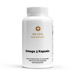 Dose mit 120 Omega 3 Kapseln von THE VITAL MANUFACTURE, enthält 2000mg Fischöl und natürliches Vitamin E pro Tagesdosis.