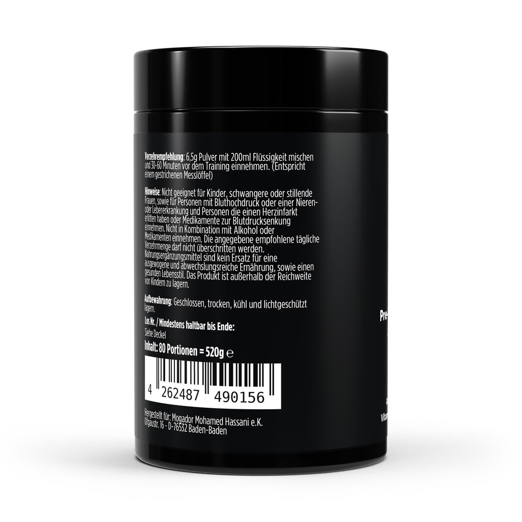 Schwarze Dose des Pre-Workout Boosters von THE VITAL MANUFACTURE, Geschmack Apfel, Fokus auf 80 Portionen und Inhaltsstoffe wie Beta-Alanin und Koffein.