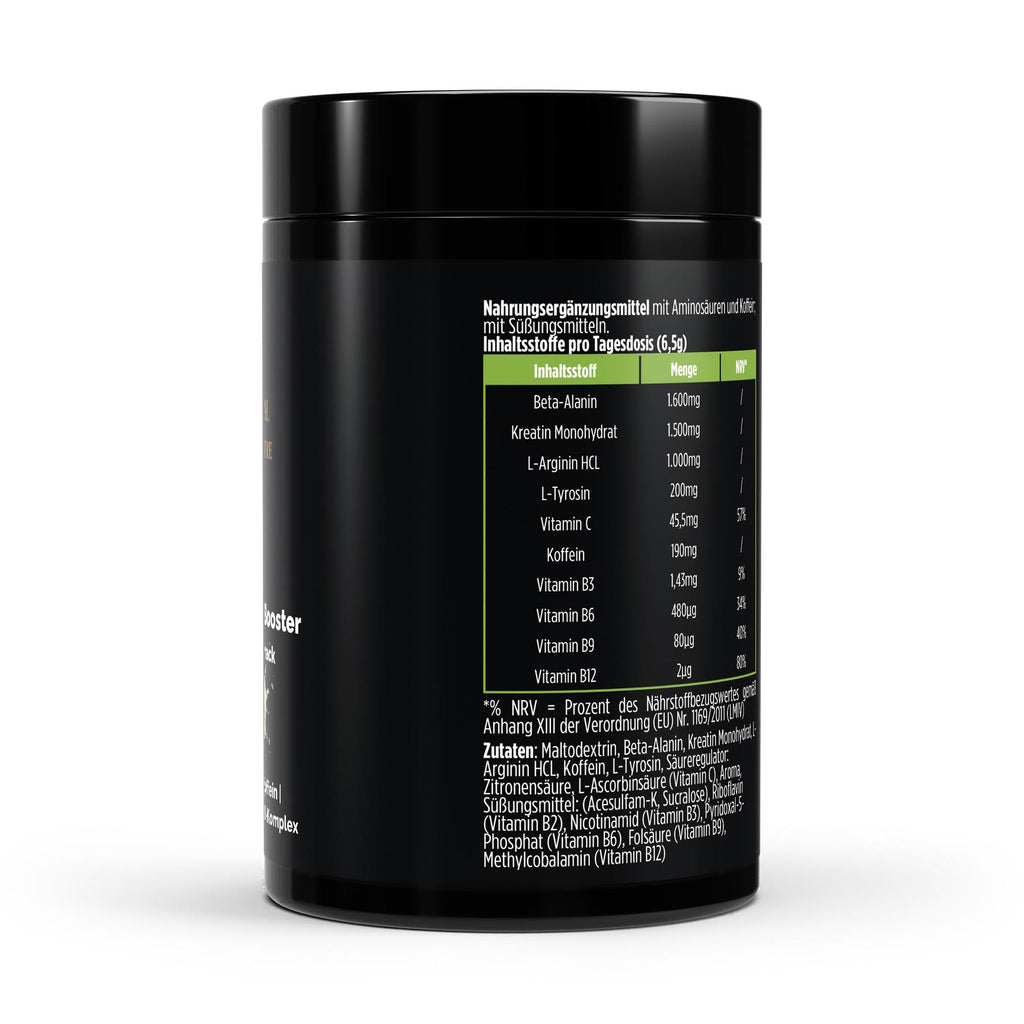 Schwarze Dose des Pre-Workout Boosters von THE VITAL MANUFACTURE, Geschmack Apfel, Fokus auf 80 Portionen und Inhaltsstoffe wie Beta-Alanin und Koffein.