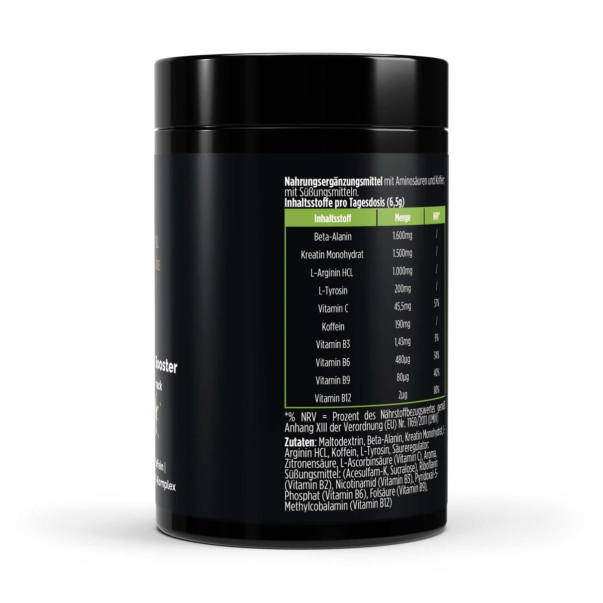 Schwarze Dose des Pre-Workout Boosters von THE VITAL MANUFACTURE, Geschmack Apfel, Fokus auf 80 Portionen und Inhaltsstoffe wie Beta-Alanin und Koffein.