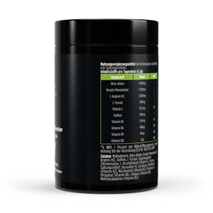 Schwarze Dose des Pre-Workout Boosters von THE VITAL MANUFACTURE, Geschmack Apfel, Fokus auf 80 Portionen und Inhaltsstoffe wie Beta-Alanin und Koffein.
