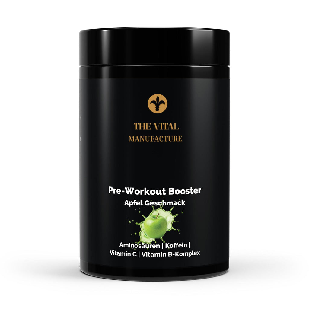 Schwarze Dose des Pre-Workout Boosters von THE VITAL MANUFACTURE, Geschmack Apfel, Fokus auf 80 Portionen und Inhaltsstoffe wie Beta-Alanin und Koffein.