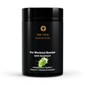 Schwarze Dose des Pre-Workout Boosters von THE VITAL MANUFACTURE, Geschmack Apfel, Fokus auf 80 Portionen und Inhaltsstoffe wie Beta-Alanin und Koffein.